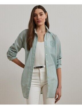 Lauren Ralph Lauren Women's Oversize Striped Cotton Voile Shirt Size L